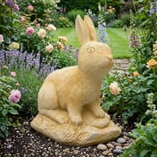 Cheeky Rabbit Garden Ornament in Sandstone in Cottage Garden Setting