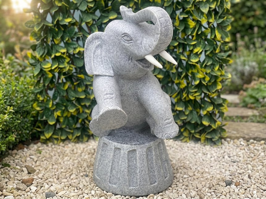 Sitting elephant garden statue in grey terrazzo marble in a relaxed pose beside a patio border in a UK garden