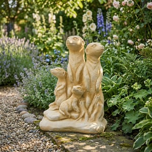 Meerkat family stone garden ornament in sandstone displayed in a cottage garden