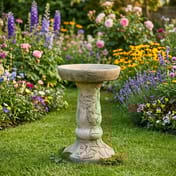 Budleia Birdbath in Stone in a cottage garden setting