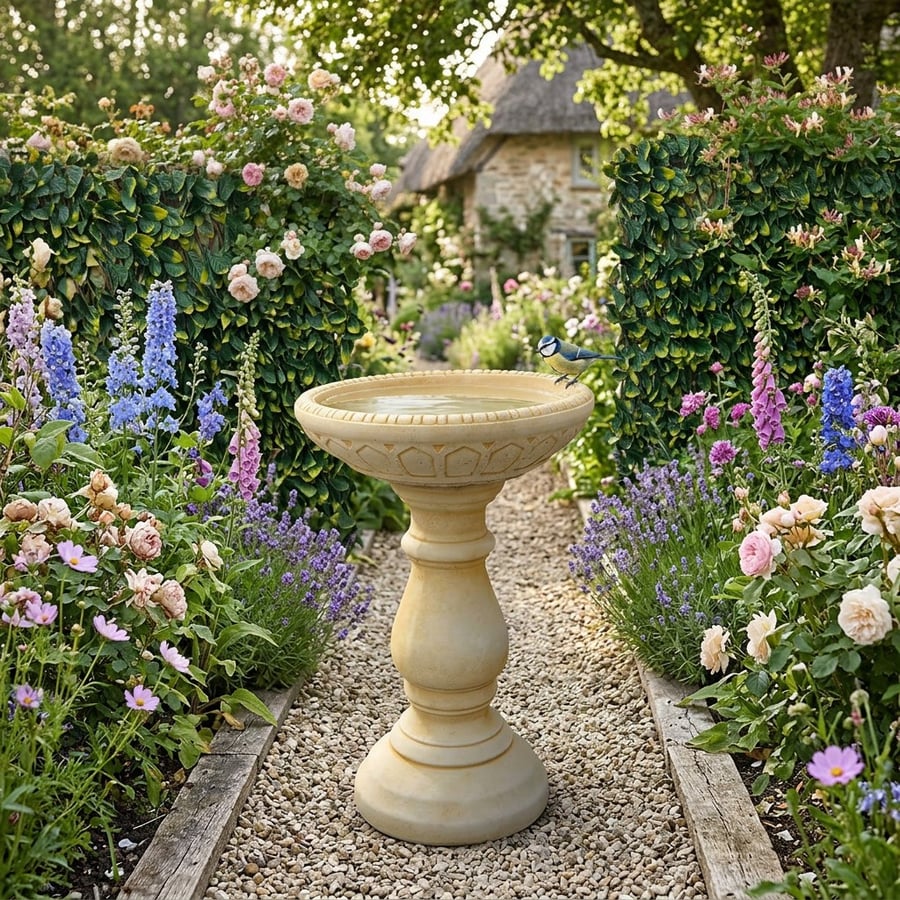 Large Edwardian sandstone bird bath in a UK cottage garden with climbing roses and lavender