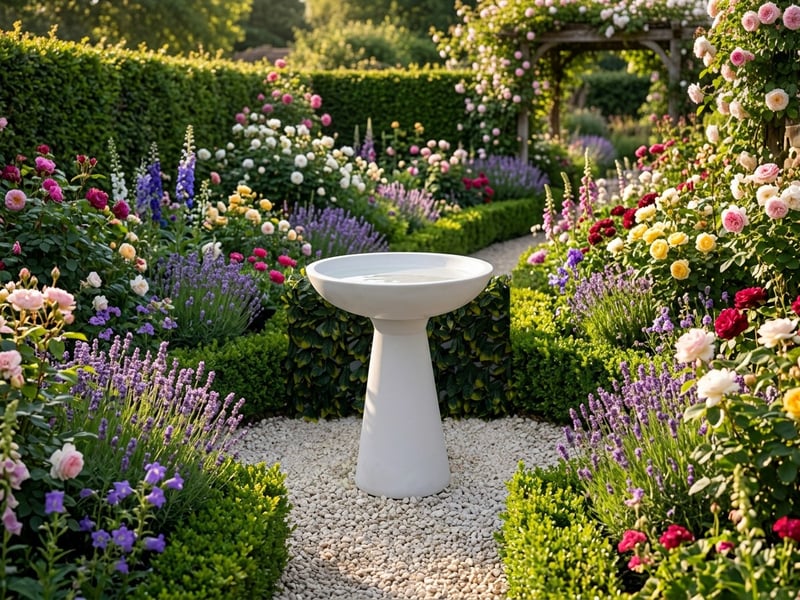 Modern white stone birdbath positioned beside hedge with garden cover for safe bird bathing