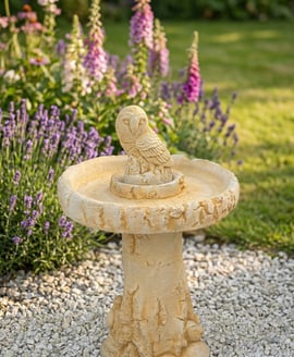 Owl Birdbath in Sandstone, hand-cast Cotswold-style stone bird bath UK