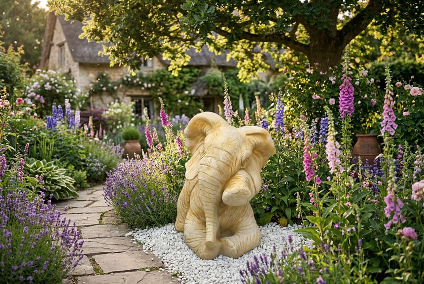 Ellie the Elephant cast stone garden ornament in warm sandstone sitting among green planting in a cottage garden