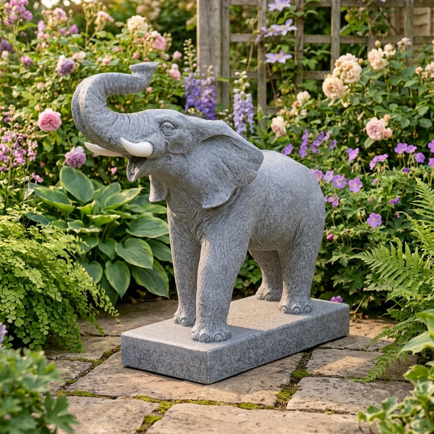 Fighting elephant garden statue in grey terrazzo marble with raised trunk as a bold focal point in a planted UK border