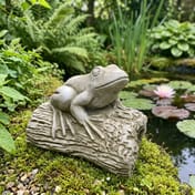 Frog on a Log stone garden ornament beside a garden pond with water lilies