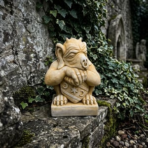 Gargoyle with shield stone garden ornament in a UK garden setting