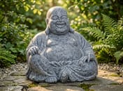 Small Laughing Buddha Garden Statue in Grey - Garden Setting