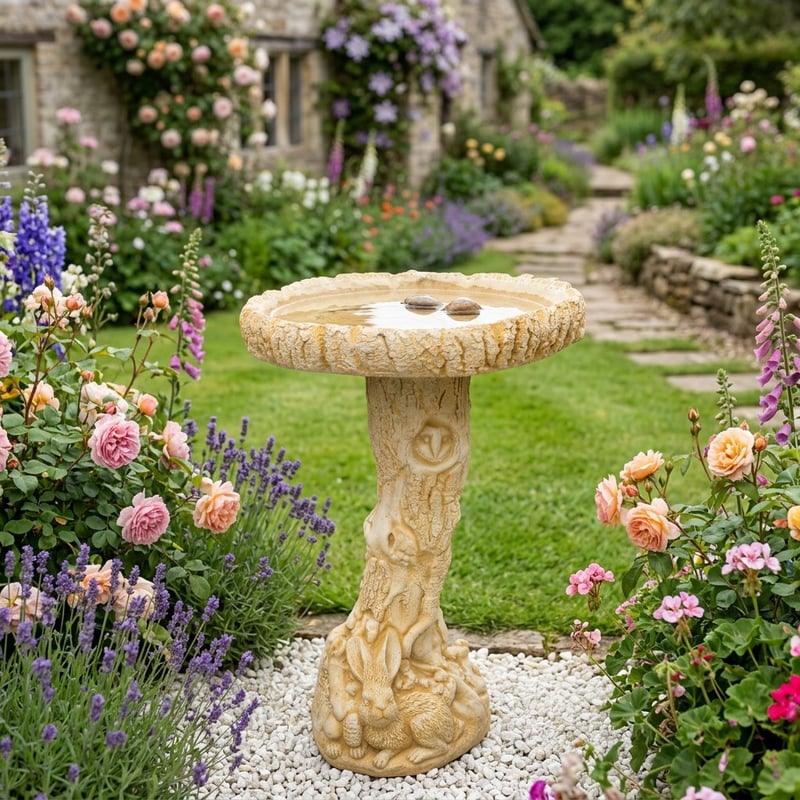 The Hare sandstone bird bath in a UK garden with mature planting buying guide