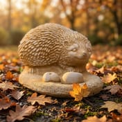 Hedgehog with Apples Stone Garden Ornament in Autumn Garden Setting