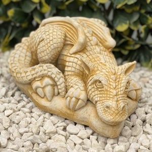Dragon hatchling stone garden ornament in sandstone tucked among garden plants