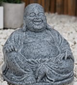 Small Laughing Buddha Garden Statue in Grey - Original Product Photo