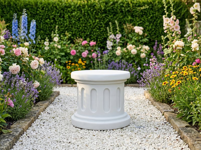 Medium round white garden plinth in a garden setting ideal for urns and sundials