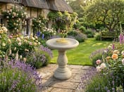 Edwardian Sundial in Stone in a cottage garden setting with lavender and roses