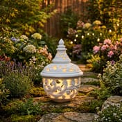 White Garden Lantern Ornament in Evening Garden Setting