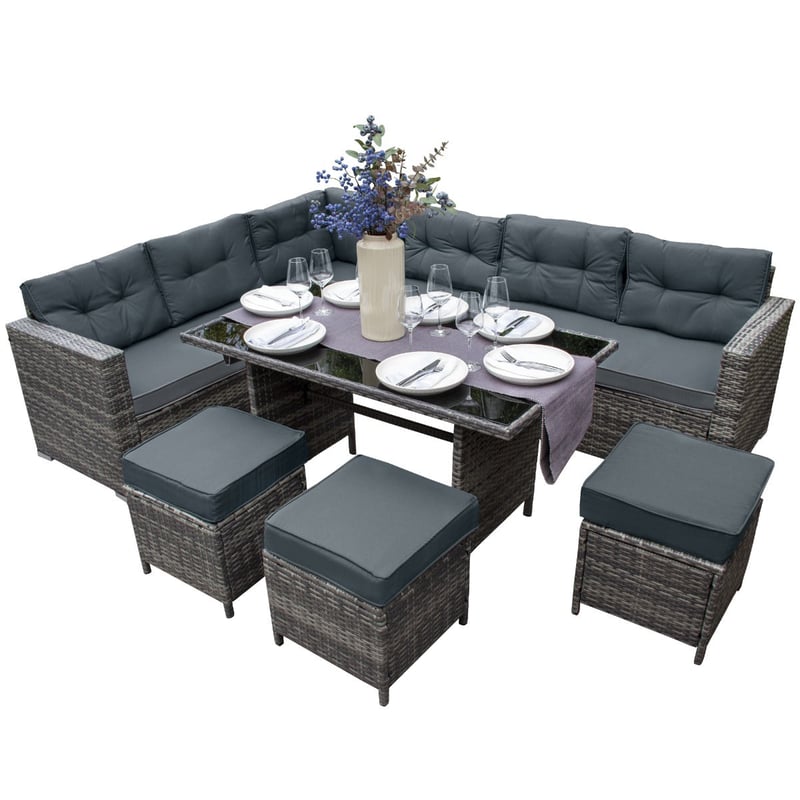 Jardi grey synthetic rattan corner sofa set, nine seater, in a paved garden