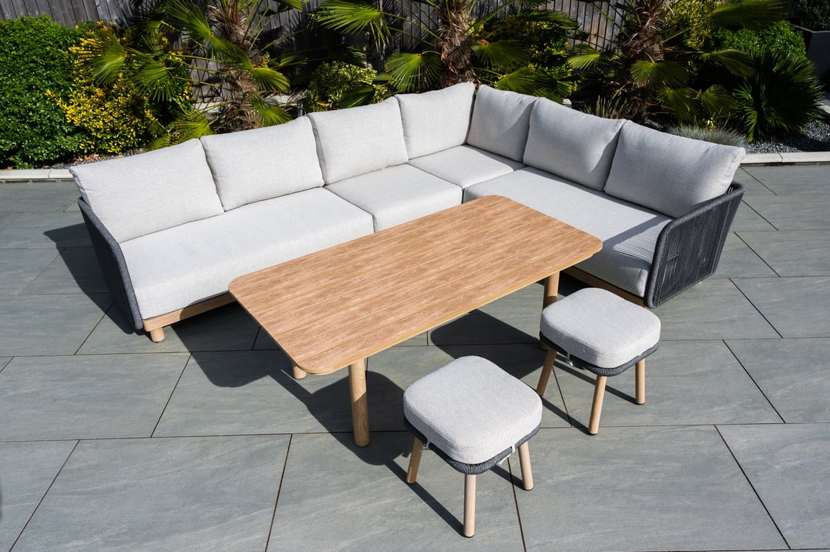 Norfolk Collection Buxton rope weave corner set with oak-effect aluminium frame and polyester rope construction on a UK patio