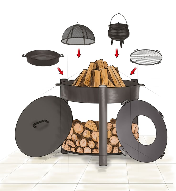 Cook King Montana 80cm high steel fire bowl raised on a tall stand in a UK patio setting