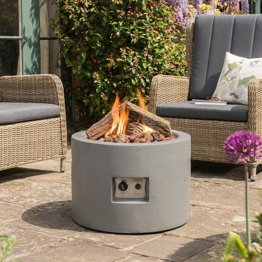 Happy Cocoon 61cm round grey wood-burning fire pit in a UK garden setting with surrounding paving