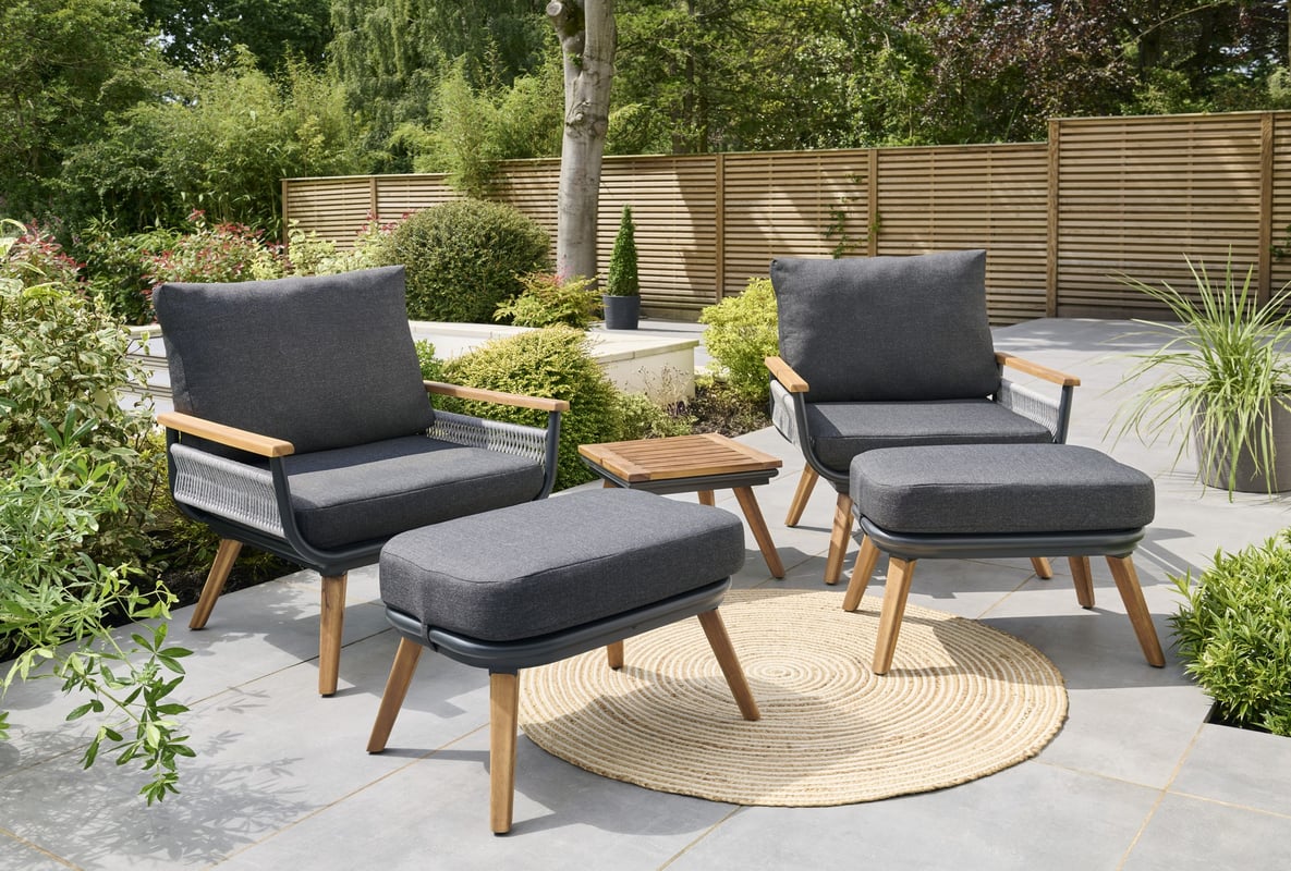 Norfolk Kimora aluminium and rattan bistro set with grey cushions in a UK garden