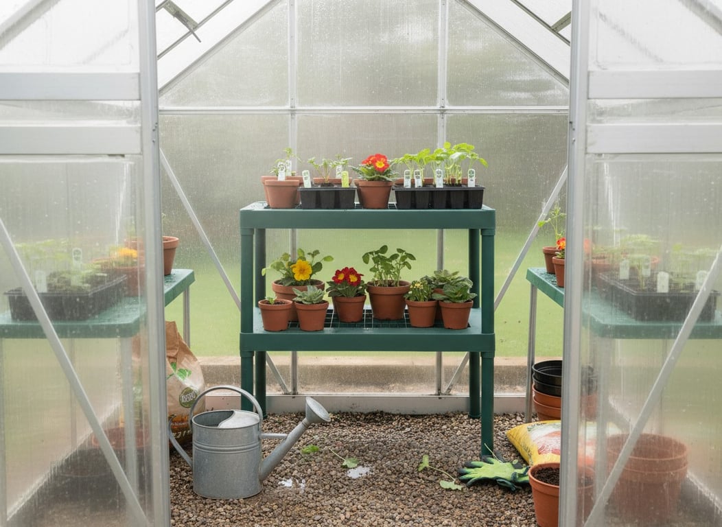 Palram Canopia 2 Tier Staging inside a greenhouse with seed trays