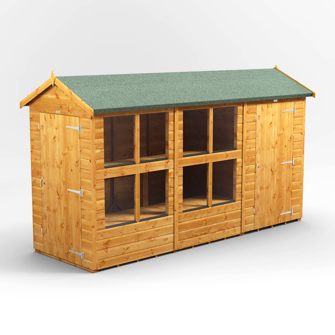 Power apex combi potting shed with a glazed two-tier growing bay in the centre and a separate solid lockable store at one end