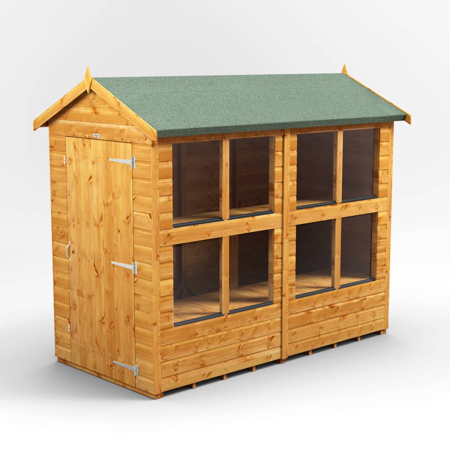 4ft wide Power apex potting shed showing the single door, green felt apex roof and two-tier toughened-glass windows