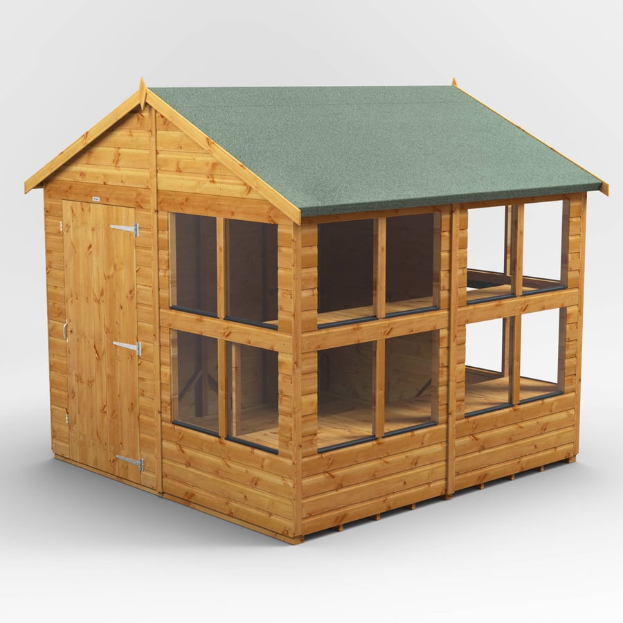 8ft wide Power apex potting shed with deep glazed sides, ideal for storing a mower and barrow alongside the staging