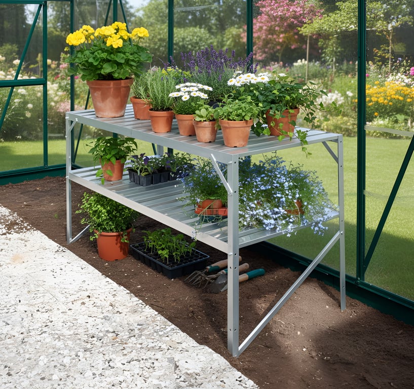 Vitavia 2 tier aluminium greenhouse staging in silver