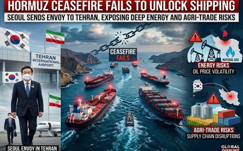 El cese al fuego en Hormuz no logra desbloquear el envío mientras Seúl envía un enviado a Teherán, exponiendo profundos riesgos en el comercio energético y agrícola