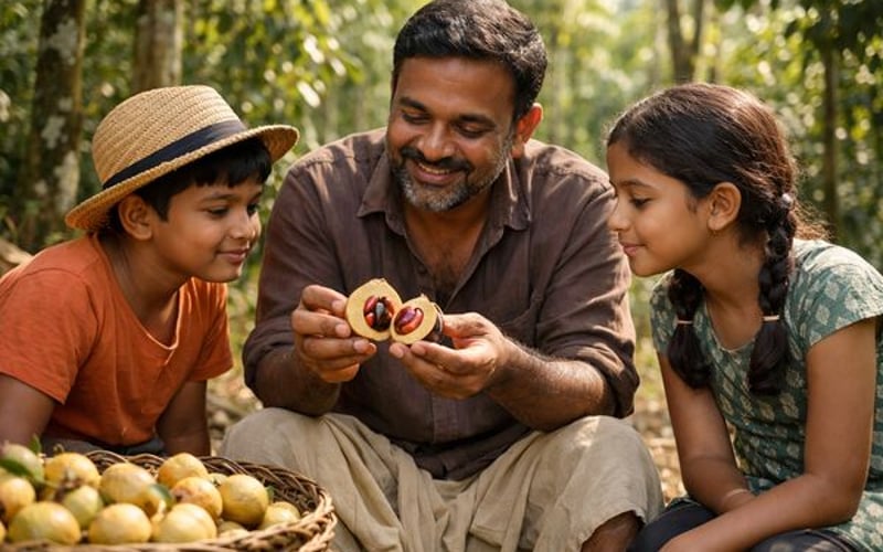 भारतीय जायफल तंग स्थलीय आपूर्ति और गर्म केरल मौसम पर बढ़ता है