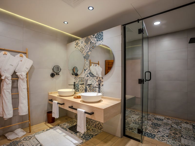 The bathroom: twin stone basins on a timber counter, patterned tiles, a walk-in shower and robes on a ladder