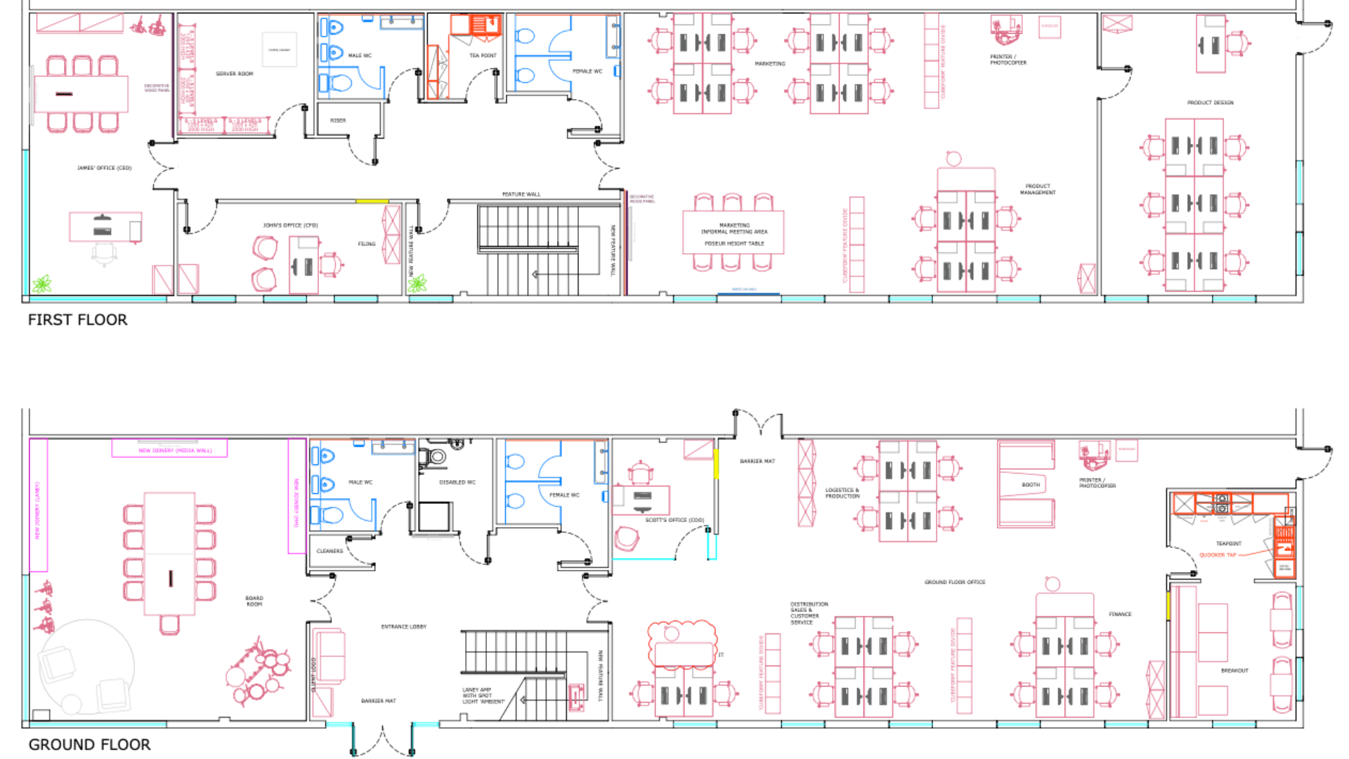 Cad drawing showing the ground floor and first floor layout for the headstock group office refurbishment