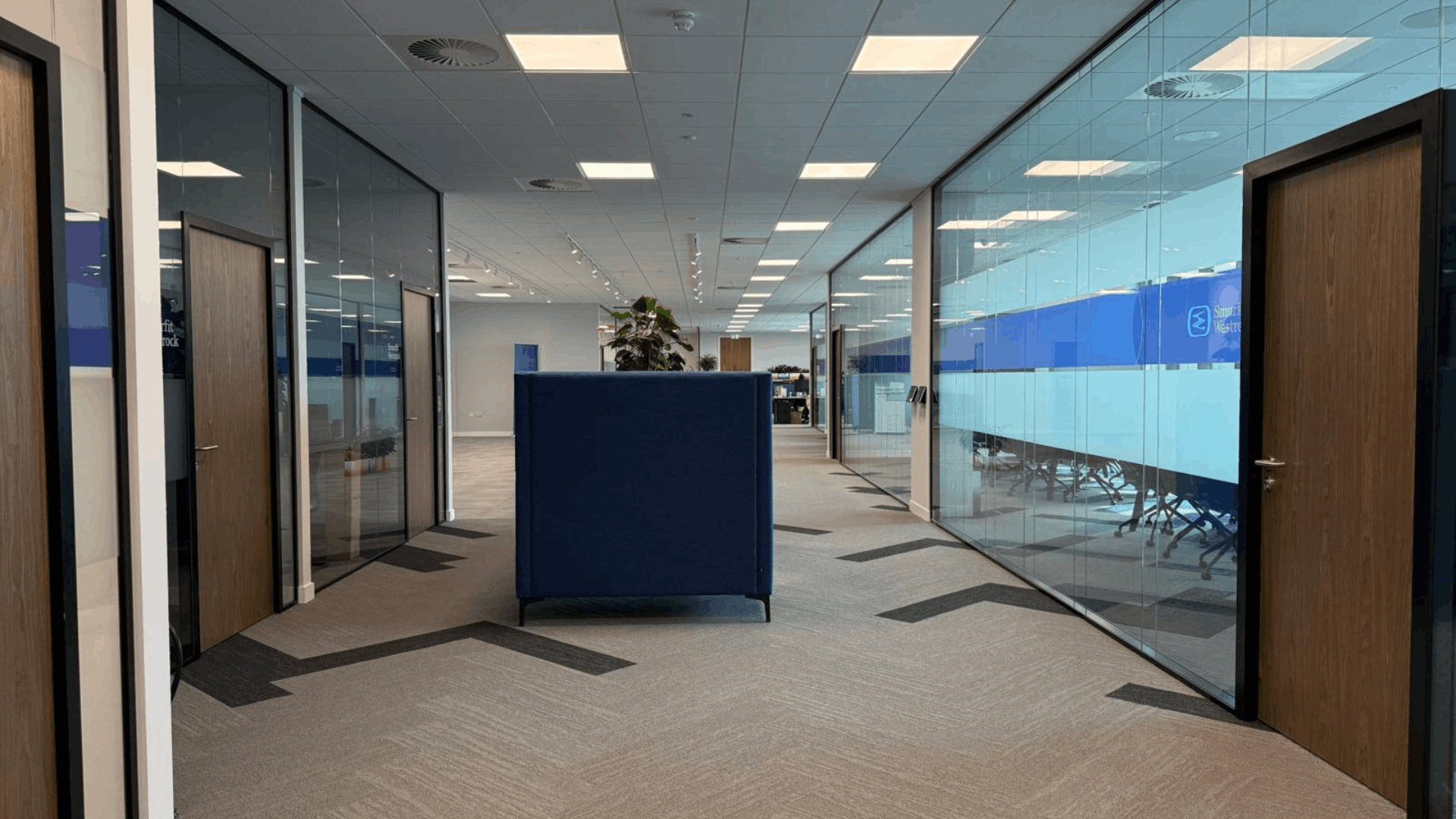 Smurfit westrock office corridor with glazed meeting rooms, walnut doors and blue branded manifestation