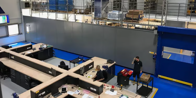 Steel partitioning installation on factory floor