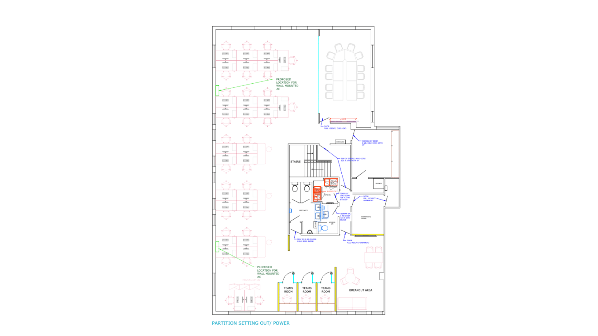 Cad layout drawing for the dsl systems office fit out in nottingham showing open-plan desks, boardroom, teams rooms, breakout area and power locations