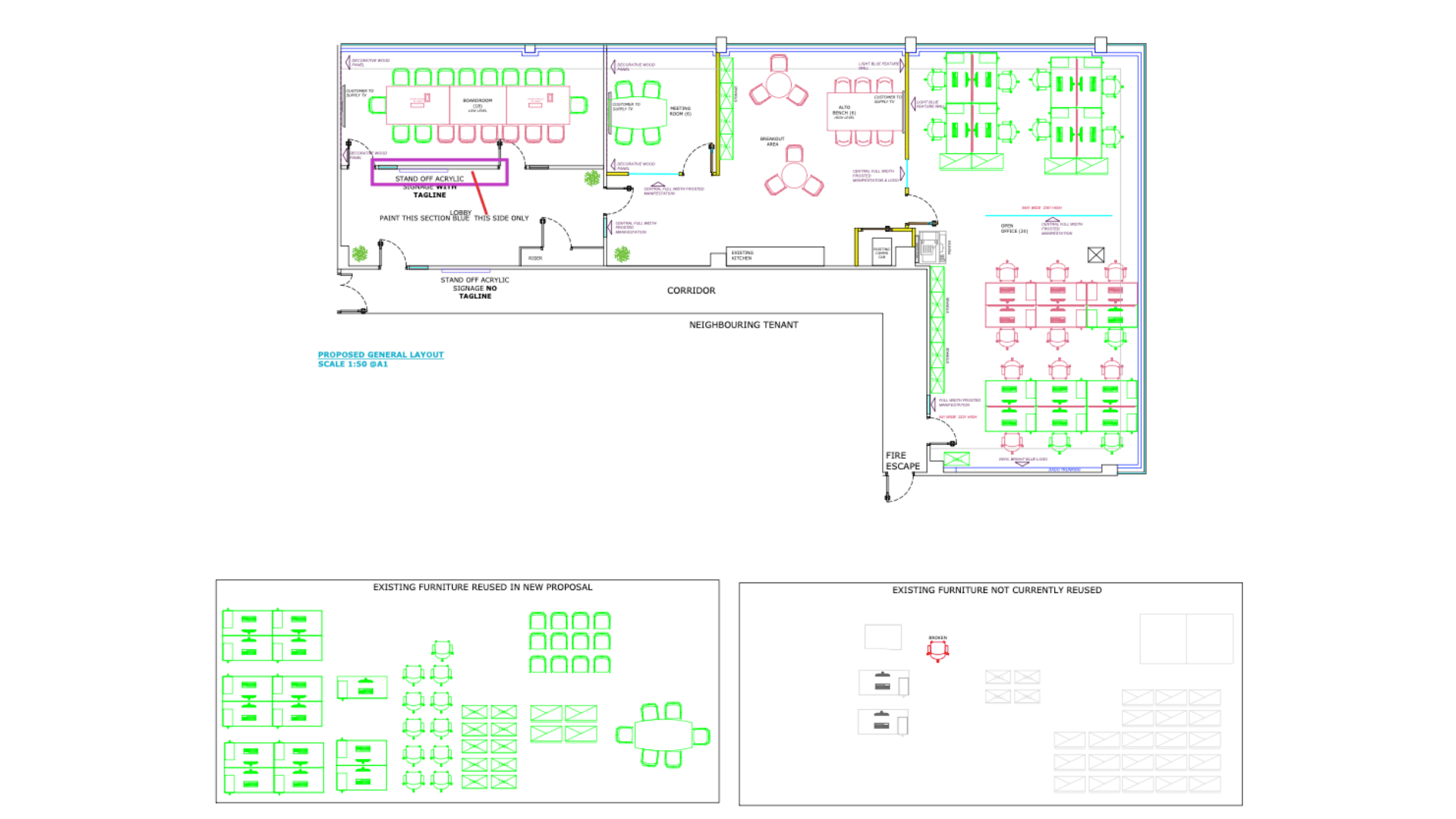 Cad layout drawing for the license check office fit out in derby showing the proposed boardroom, meeting room, breakout area, open office, kitchen, corridor, reused furniture and new furniture positions