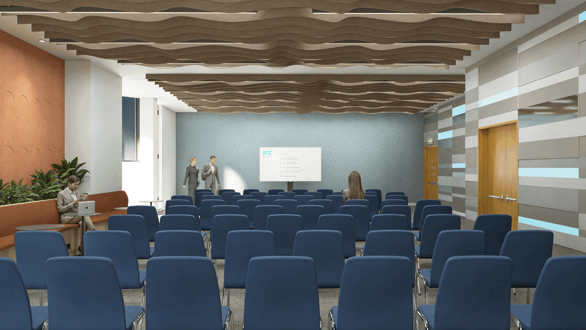 3d visual of the nec media suite fit out showing rows of blue conference chairs, wave-style acoustic ceiling rafts, feature wall panelling and integrated lighting.