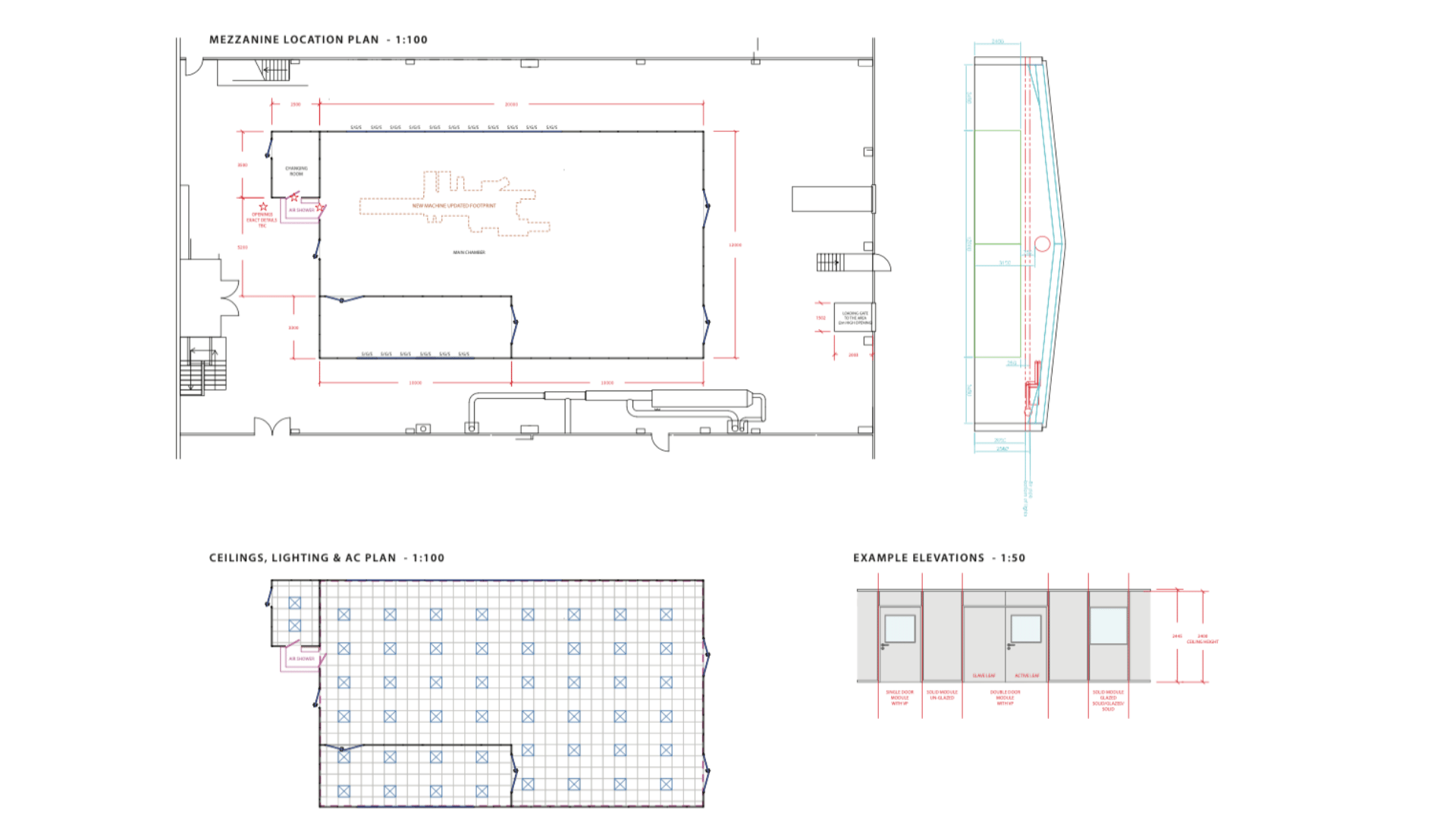 Cad drawing for the molymer moulding services clean room project showing the machine enclosure layout, ceiling plan, lighting plan, ac layout and example partition elevations.