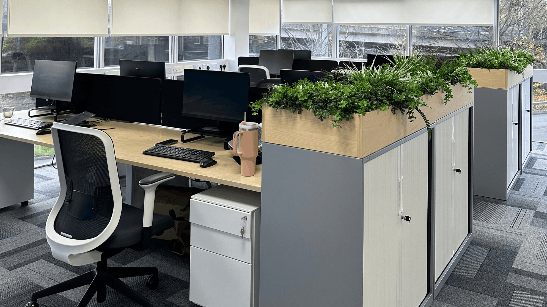 Open-plan workspace for the license check office fit out with bench desks, monitors, task chairs, mobile pedestals and planter storage units dividing the office area