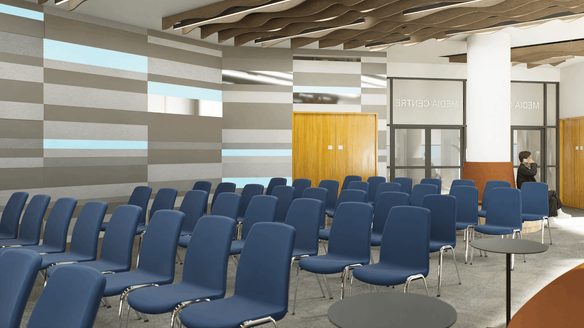3d visual of the nec media suite fit out showing conference seating, acoustic wall cladding, glazed entrance screens, curved bench seating and feature ceiling rafts.