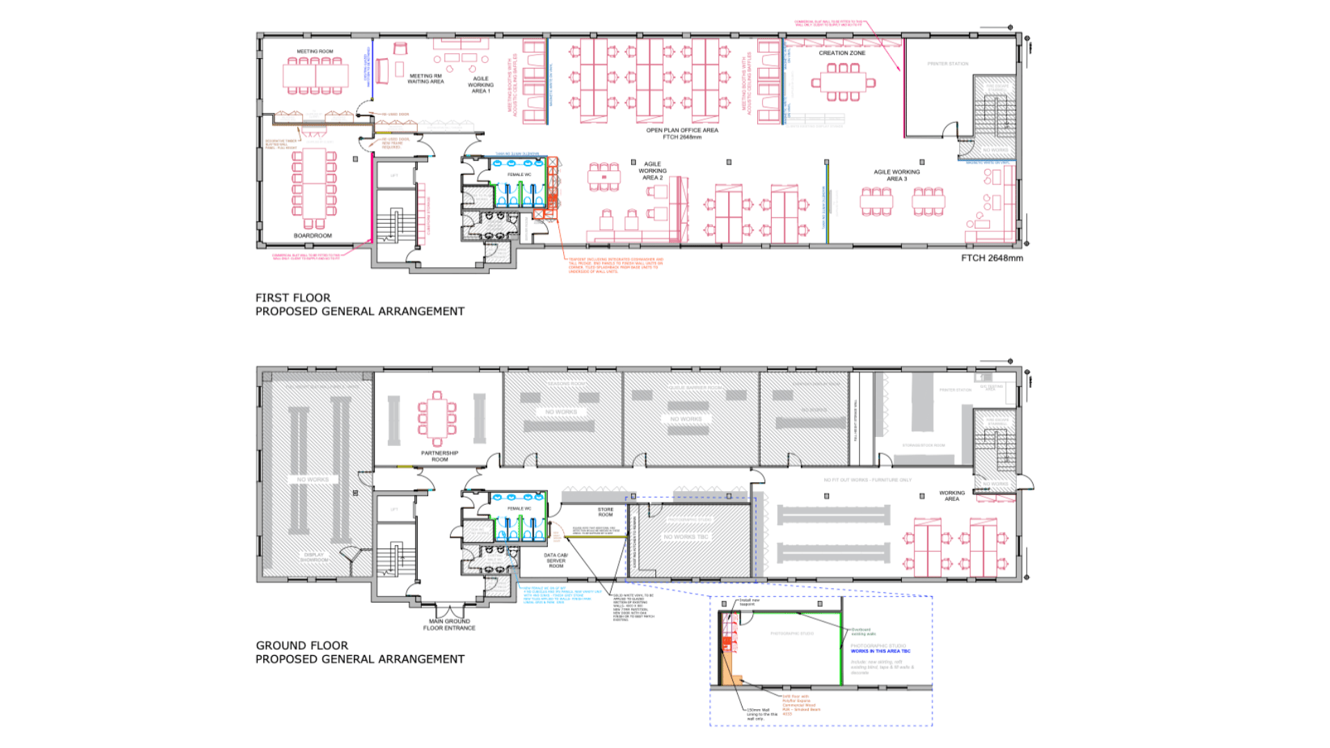 Cad drawing for the card factory wakefield office refurbishment showing proposed ground and first floor layouts with open plan office, meeting rooms, agile working areas, creation zone, wc refurbishments and teapoint