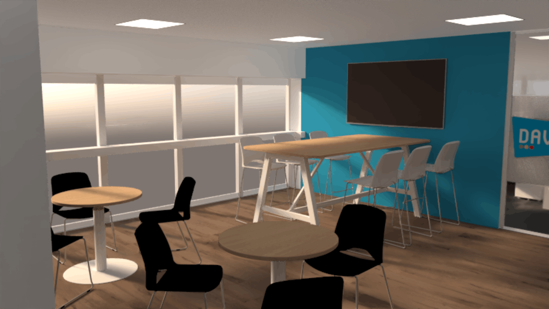 3d render of the license check breakout area with wood-effect flooring, round café tables, black chairs, high bench seating, white stools, blue feature wall and wall-mounted tv