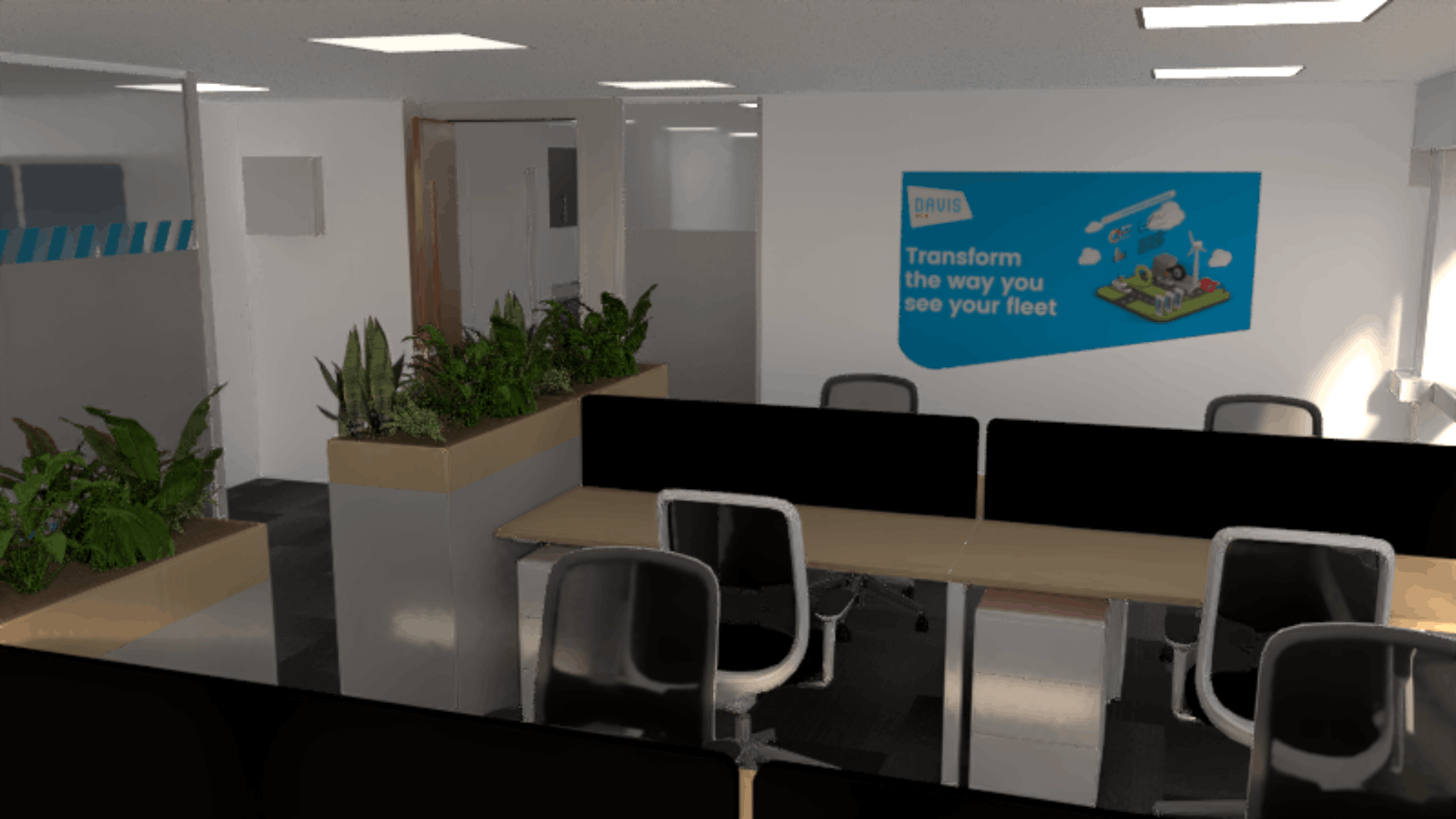 3d visual of the license check office fit out showing open-plan workstations, planter storage units, glazed partitions and a blue branded wall graphic reading “transform the way you see your fleet”