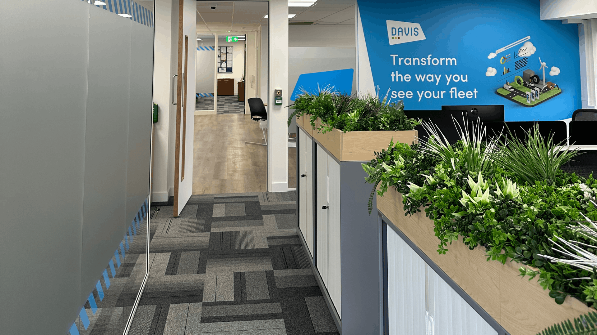 License check office fit out corridor with branded wall graphic, planter storage units, frosted glass manifestation and views through to the open-plan office
