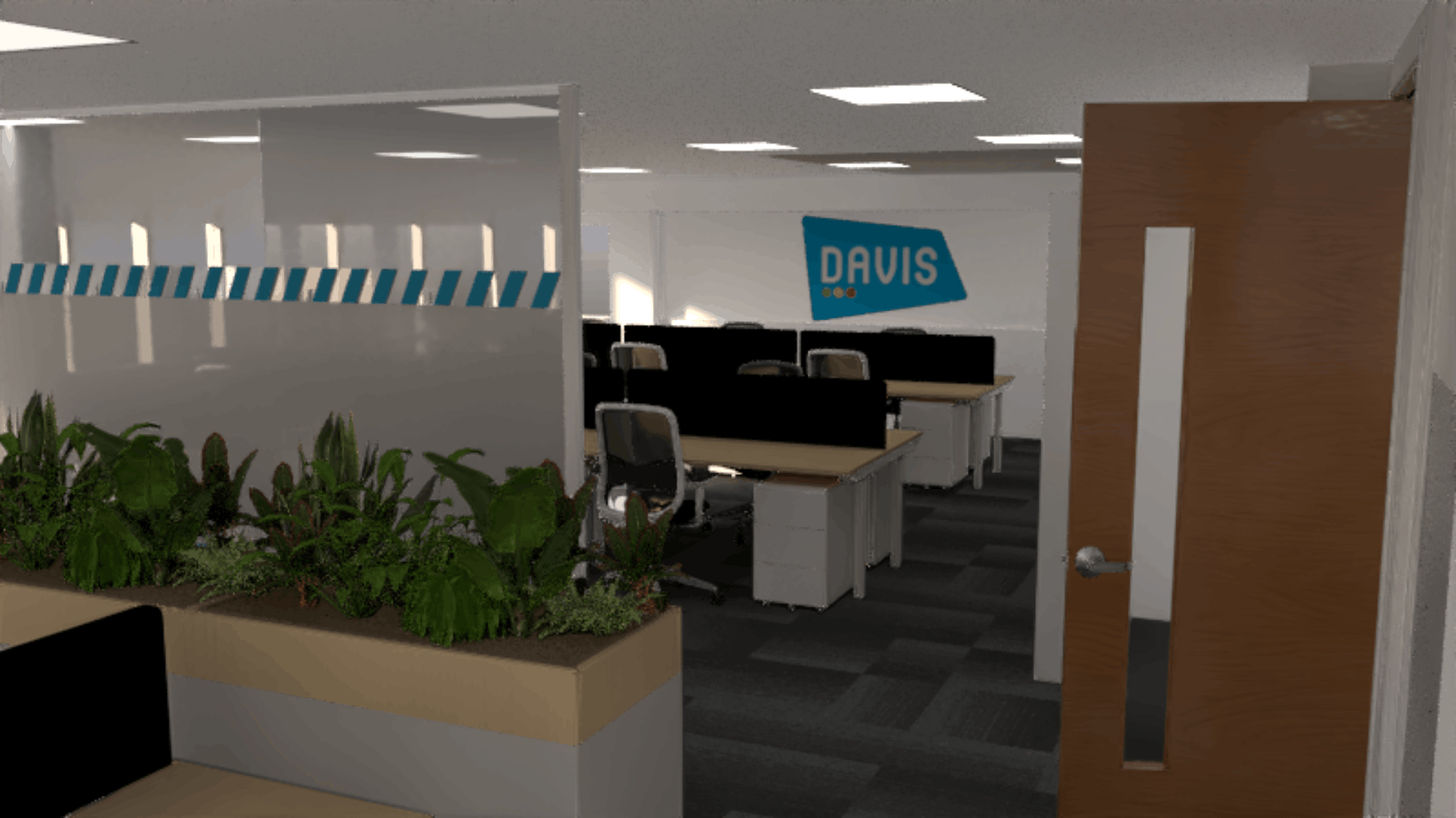 3d render of the proposed license check office fit out with planter storage, glazed office partitions, black desk screens, wood-effect doors and branded wall signage