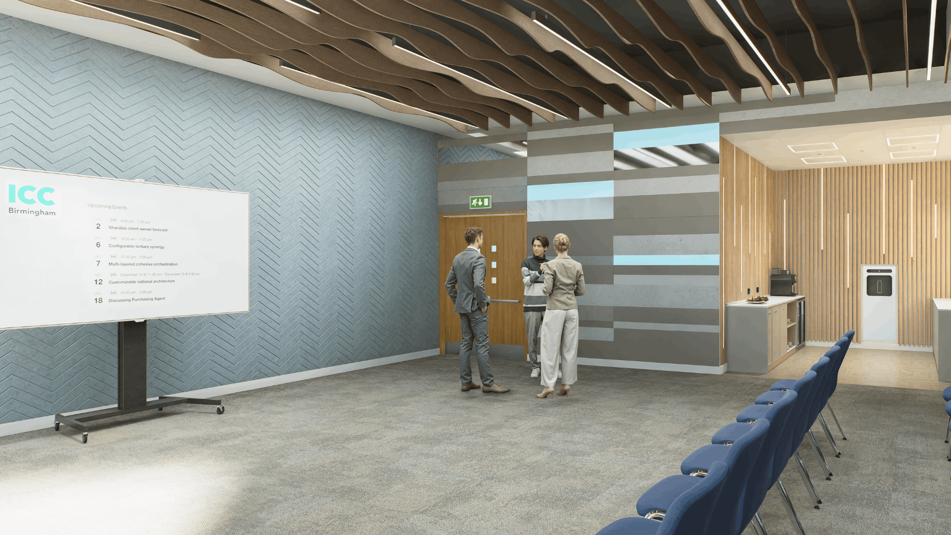 3d render of the nec media suite fit out showing the presentation area, blue seating, acoustic wall finishes, wave ceiling rafts and bespoke tea point.