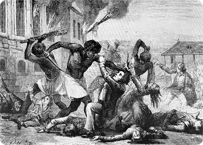 A obra 'Revolução Haitiana - Negros assassinando civis brancos' traz uma ilustração em preto e branco, onde na cena, homens negros, vestidos de forma simples, atacam civis brancos com armas improvisadas, como pedaços de madeira. No centro, um homem negro segura um homem branco pelo cabelo enquanto atrás outro homem negro ergue um pedaço de madeira para atacar os civis. Ao redor, há corpos de civis brancos caídos no chão, pessoas fugindo e prédios em chamas ao fundo.