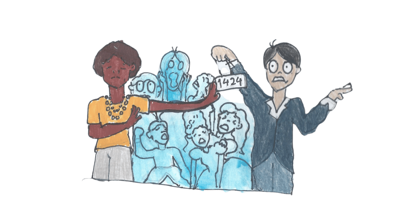 Em primeiro plano, à esquerda, há uma pessoa negra com uma expressão séria, usando uma camisa amarela e um colar. Ela está com uma das mãos levantadas, em um gesto de recusa, e com a outra mão estendida para frente, como se estivesse afastando ou rejeitando algo. À direita, há uma figura masculina, com pele clara e expressão de surpresa ou medo. Ele segura uma placa com o número '1424' escrito, parecendo nervoso ou confuso. Ao fundo, há uma série de pessoas esboçadas em azul, com expressões variadas, algumas confusas e assustadas. Essas figuras estão em segundo plano, como se representassem as consequências da atitude de recusa da primeira pessoa, que representa um trabalhador ou trabalhadora grevista.