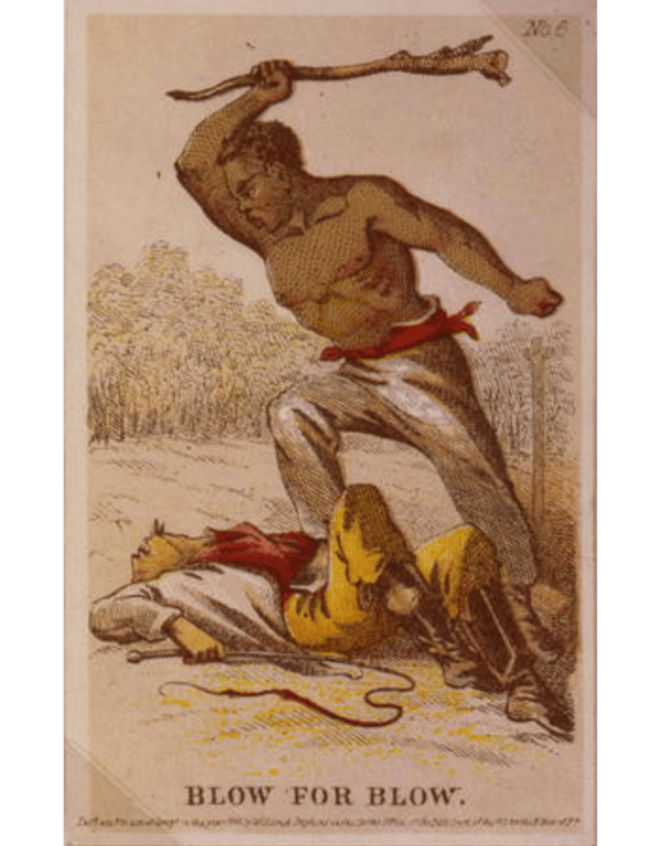 Imagem da obra Golpe por Golpe de Henry Louis Stephens, 1863. A ilustração retrata uma cena dramática de confronto físico durante o período da escravidão. No centro, um homem negro está em posição de ataque, levantando o braço direito para golpear com um pedaço de madeira. Ele está de pé, com o corpo inclinado para a frente, vestindo calças simples e amarradas com um cinto vermelho, além de um lenço vermelho na cintura. Seu rosto expressa determinação e fúria. No chão, sob ele, um homem branco está caído, parcialmente virado para cima, com o rosto contorcido de dor ou medo. Ele veste roupas amarelas e brancas com sinais de sangue em sua camisa. O fundo é simples, com uma vegetação rasteira e arbustos, sugerindo um ambiente ao ar livre, possivelmente em uma plantação ou área rural.